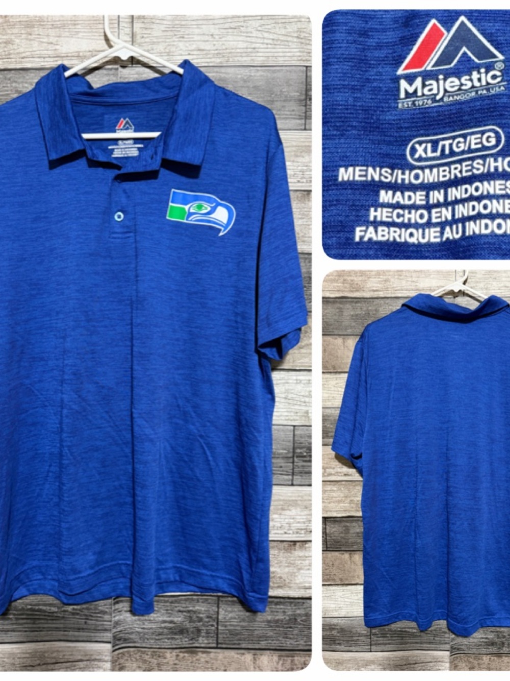 Majestic Seattle Seahawks NFL Polo Shirt Men’s L Blue Retro Logo Performance